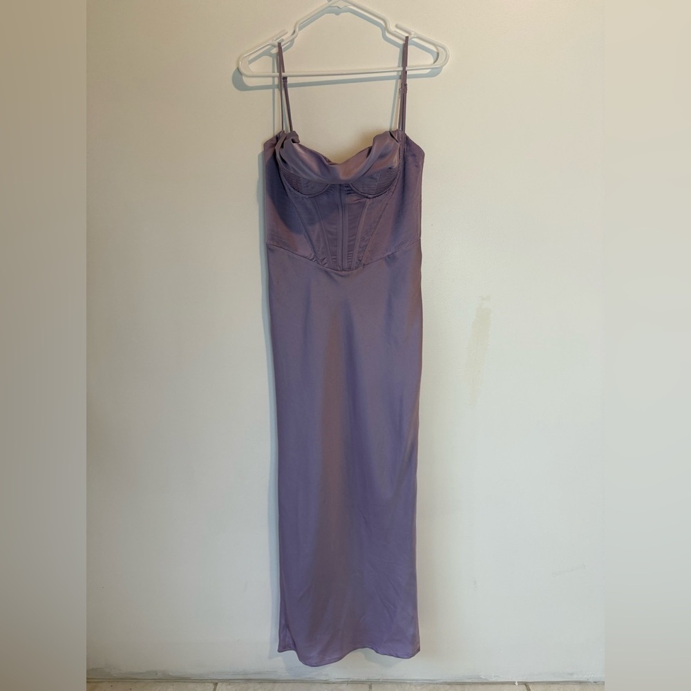 House of CB Charmaine Corset Satin Maxi Slip Dress Lilac Size L back slit - Picture 4 of 11